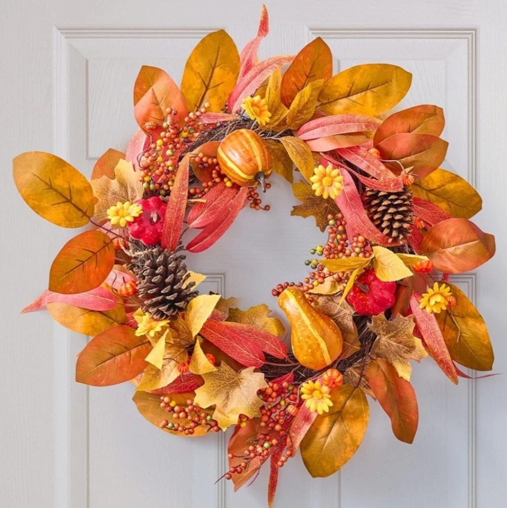Sunvissh 24" Fall Wreath Autumn Front Door Wreath w/Pumpkin Berry Round Leaves